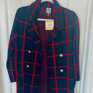 NWT Anne Klein sweater coat navy/red, gold buttons